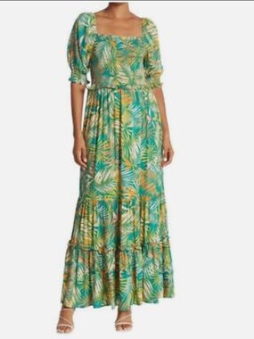 Betsy Johnson Palm Leaf Print Tropical Smocked Ruffled Maxi Dress, Size L